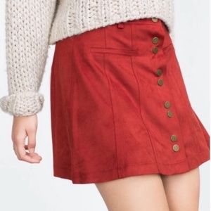 Zara Red Faux Suede Skirt with Snap Button Front